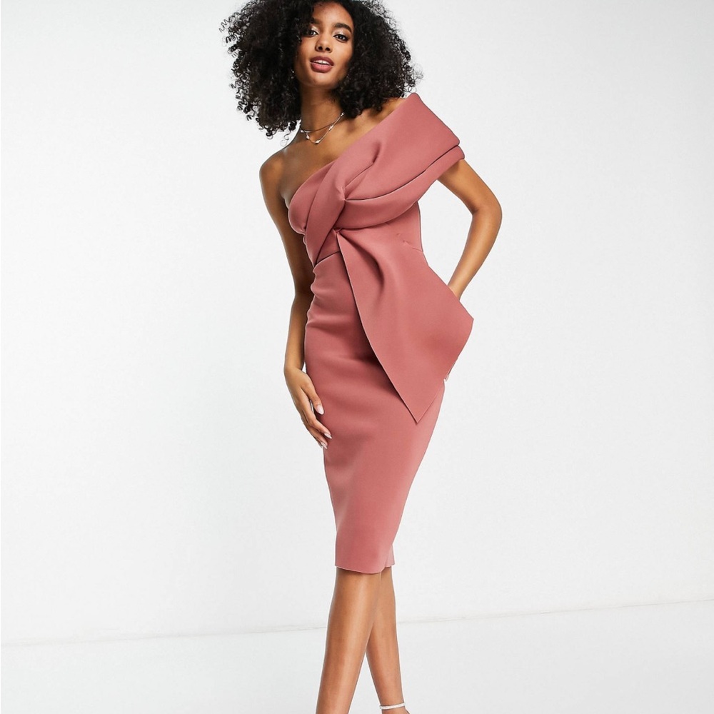 ASOS DESIGN peekaboo shoulder tuck midi pencil dress in rose